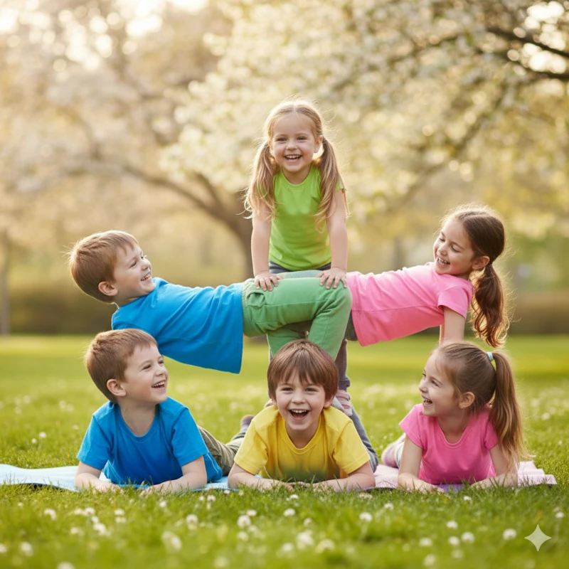 Bambini che ridono mentre praticano insieme una posizione yoga di gruppo, come un ponte